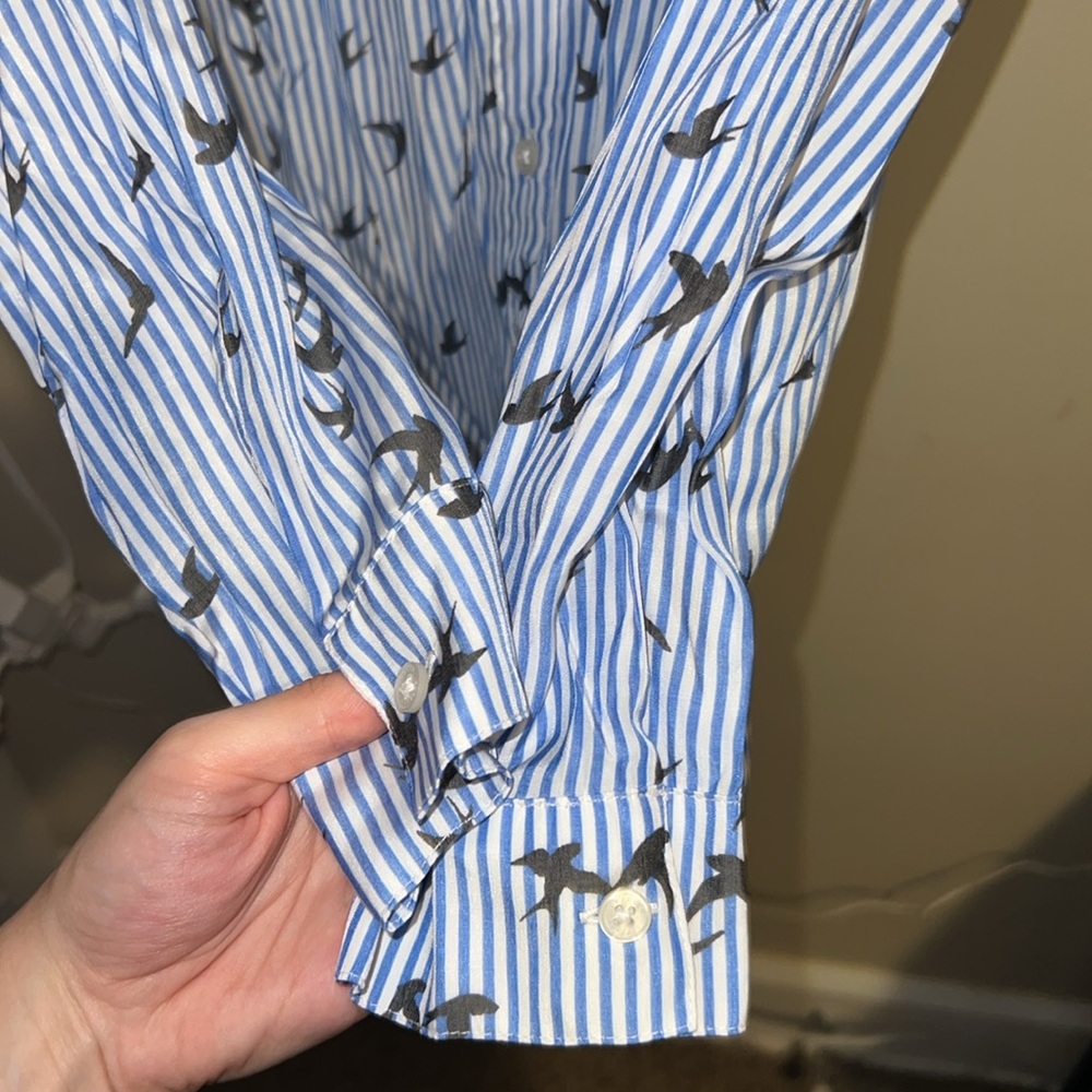 Express Blue and White Striped Bird Print Button Down Shirt Blouse - Picture 4 of 7